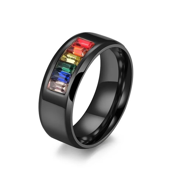LGBTQ Multi Color Stones Black Stainless Steel Band - Picture 1 of 1